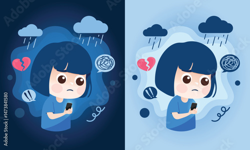 Cute cartoon girl feeling sad while using smartphone. Two color versions with rain, broken heart, and emotion symbols. Vector illustration about mood, screen time, and emotional awareness.