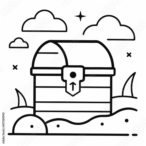 Treasure Chest on Beach Outline – Coloring Book Page Icon