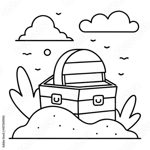 Treasure Chest on Beach Outline – Coloring Book Page Icon