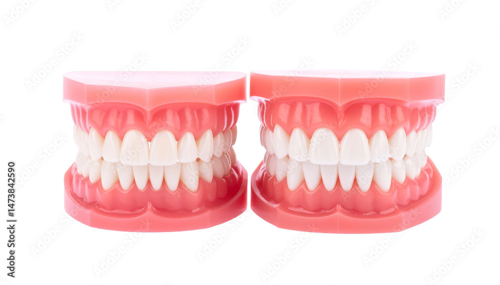 Obraz premium two sets of teeth models displayed side by side, highlighting dental health and the importance of oral care. The teeth are clean and white.