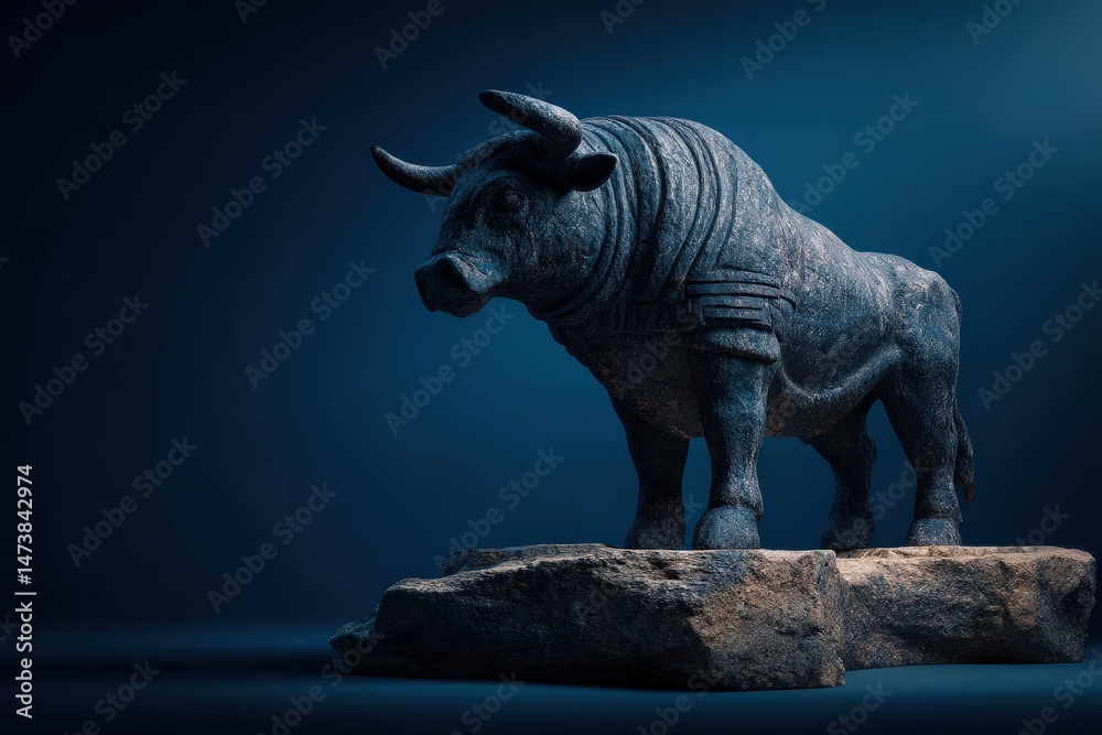 Fototapeta premium Dark, stone bull statue on a rock pedestal.