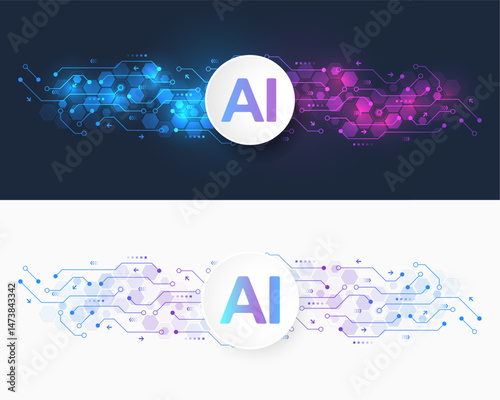 Creative idea AI banner concept for internet technology. Motherboard technology abstract texture design. Software coding. Digital concept for poster, cover, banner, header, web, presentation template