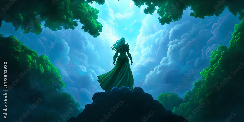 Obraz premium Woman standing on cliff looking out at cloudy sky