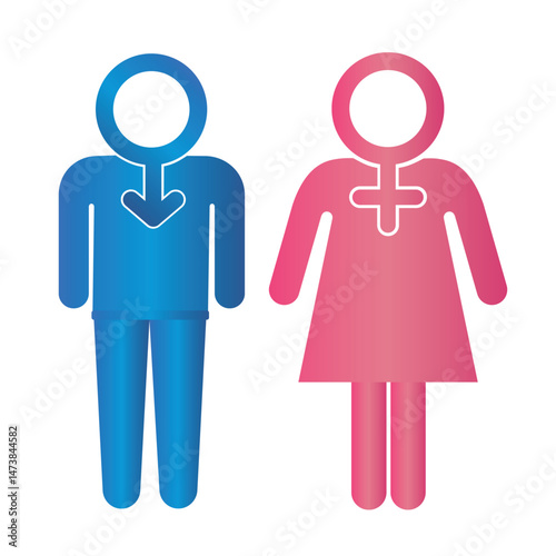 Set of male and female symbols, gender icon, blue man drawing and pink women drawing for web design, gender identification, labels, stickers. Vector illustration