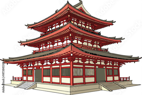 91 3d render, intricate detailed topolos temple, pagoda style architecture, elegant curved rooftops, vibrant red color, traditional asian design, ornate details, photorealistic, octagon shape