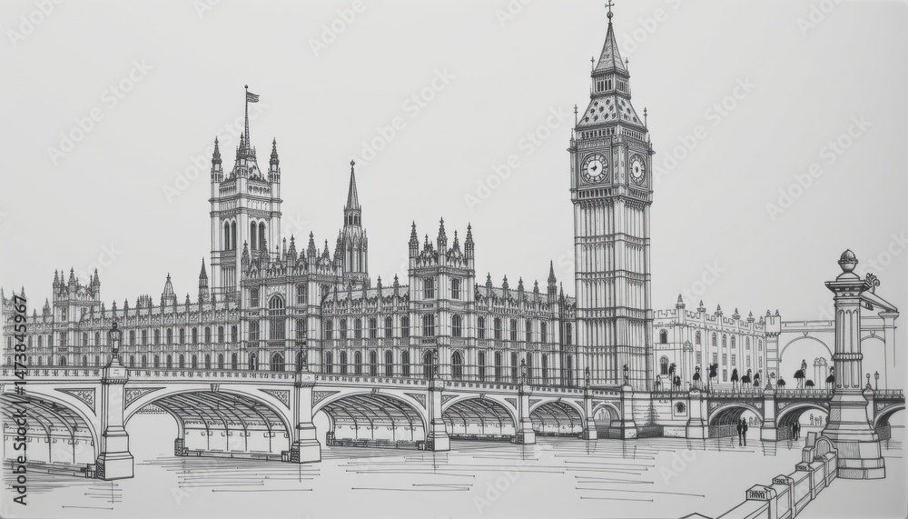 Sketch of Big Ben and the Palace of Westminster, London, in perspective from the south bank of the River Thames. Use precise architectural linework to detail gothic spires and clock face Sketch of Big Ben and the Palace of Westminster, London, in perspective from the south bank of the River Thames. Use precise architectural linework to detail gothic spires and clock face