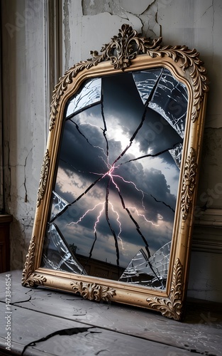 Cracked Ornate Mirror Reflecting Stormy Lightning Strike in Abandoned Room Mobile Phone Wallpaper Background