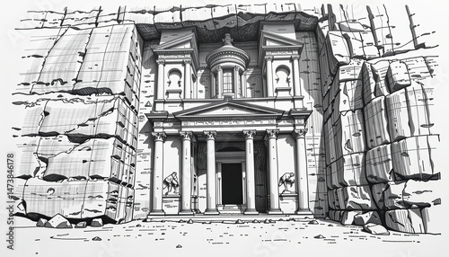 Petra's Treasury (Al Khazneh), Jordan, sketched in ink from a centered frontal view. Emphasize carved rock columns and Nabataean architectural detail. Use light shadow lines inside alcoves