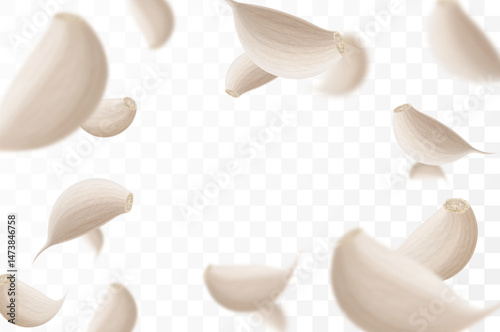 Falling garlic, isolated on transparent background, selective focus. Flying garlic cloves with blurry effect. Can be used for advertising, packaging, banner, poster. Realistic 3d vector illustration