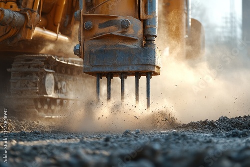 Heavy machinery compacting asphalt