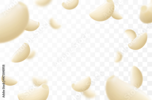 Falling garlic, isolated on transparent background, selective focus. Flying garlic cloves with blurry effect. Can be used for advertising, packaging, banner, poster. Realistic 3d vector illustration