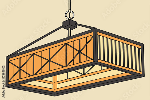 96 modern industrial style pendant lamp, black metal frame with orange translucent slats, vibrant warm lighting, geometric patterned light fixture, minimalist and architectural design
