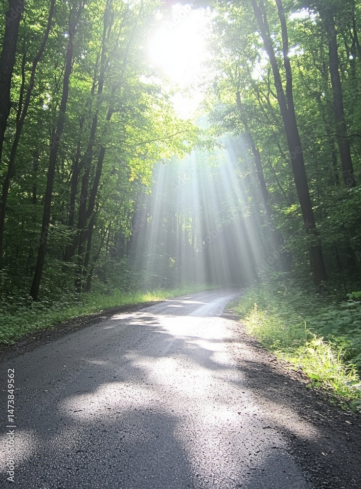 Obraz premium Sunlit Path Through Lush Green Forest