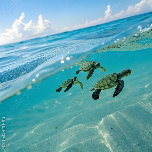 pacific green turtle offspring in sea