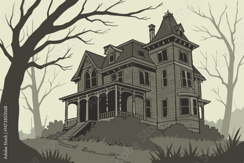92 a dilapidated victorian house, overgrown with vines and moss, abandoned and weathered, eerie and haunting, dark and atmospheric, detailed architectural design, gloomy and ominous, digital art