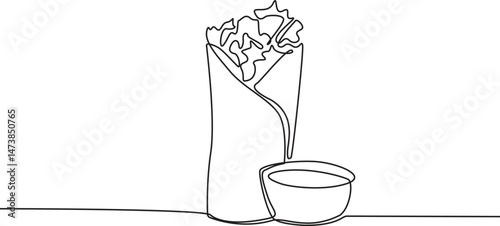 Single one line drawing standing burrito serving and chili sauce in small bowl. Introducing deliciousness of Mexican food more widely. National Burrito Day. vector Ilustration.