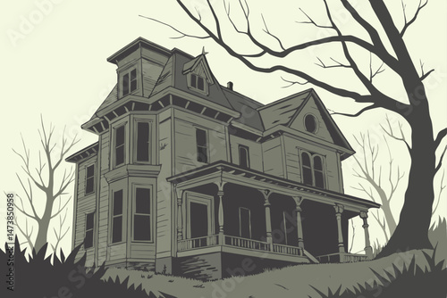 92 a dilapidated victorian house, overgrown with vines and moss, abandoned and weathered, eerie and haunting, dark and atmospheric, detailed architectural design, gloomy and ominous, digital art