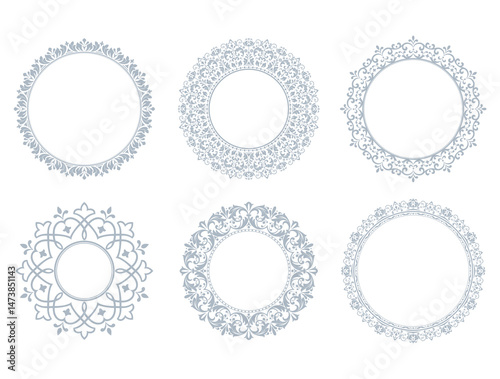 Set of decorative frames Elegant vector element for design in Eastern style, place for text. Floral gray and white borders. Lace illustration for invitations and greeting cards