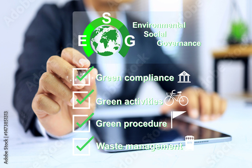 Vászonkép Businessman tick check mark ESG procedure encourage for reduce co2 carbon dioxid