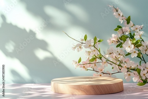 Natural wood podium with spring flowers for product display