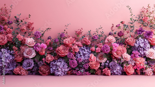 Fototapeta Naklejka Na Ścianę i Meble -  A realistic 4K 3D background features a modern floral arrangement of vibrant roses and hydrangeas in shades of pink, purple, and mauve against a soft pink backdrop.
