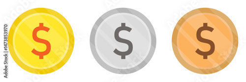 Dollar currency symbols on gold, silver, and bronze coins. Dollar currency coin icons set isolated on white background. Digital finance and banking vector Illustration. Flat design.