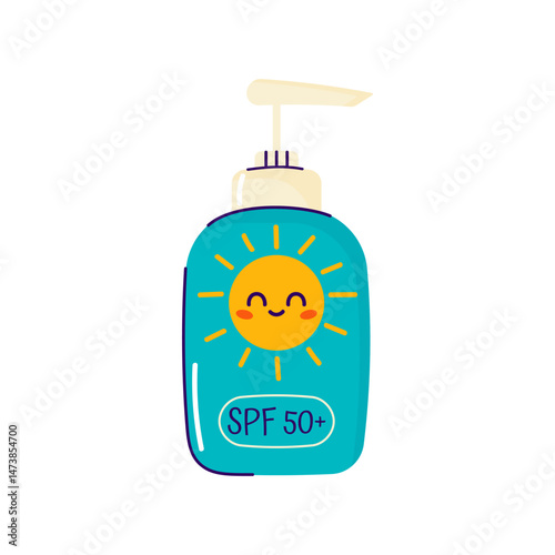 Sunscreen SPF cream bottle with a smiling sun on it. Bottle with sun protection cosmetic product. Bottle of sunscreen with dispenser isolated on white background