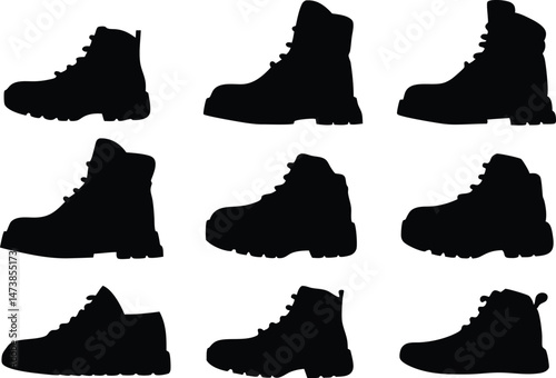 Hiking boots silhouette collection for trekking and mountain travel vector illustration