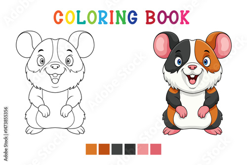 Cute little hamster cartoon on white background in coloring book style