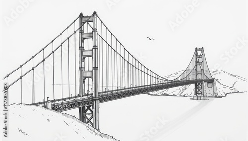 Golden Gate Bridge, San Francisco, side profile sketch with bridge span crossing image horizontally. Use consistent line spacing for cables. Fog not shown. No vehicles or birds.