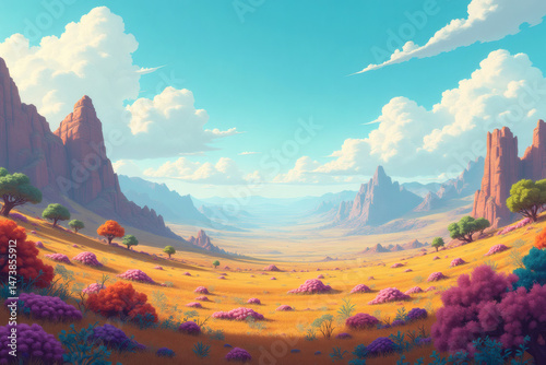 Desert Oasis Dreamscape: A surreal, picturesque vista unveils an otherworldly desert landscape, alive with vibrant flora, colossal rock formations, and an endless, azure sky dotted with fluffy clouds.