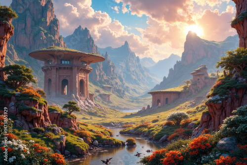**Architectural Oasis: A breathtaking artistic vision of a sunlit valley cradled by majestic mountains, adorned with unique architectural structures and a serene waterway.**