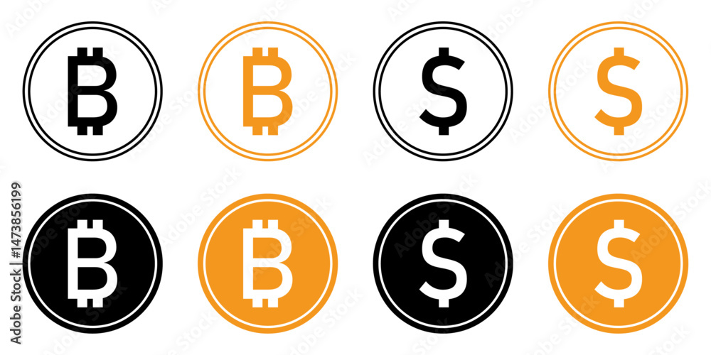 Obraz premium Bitcoin and dollar coin icons set in black and golden color. Cryptocurrency and finance currency symbols in circle outline and solid fill styles. Isolated vector illustration.