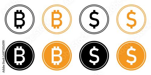 Bitcoin and dollar coin icons set in black and golden color. Cryptocurrency and finance currency symbols in circle outline and solid fill styles. Isolated vector illustration.