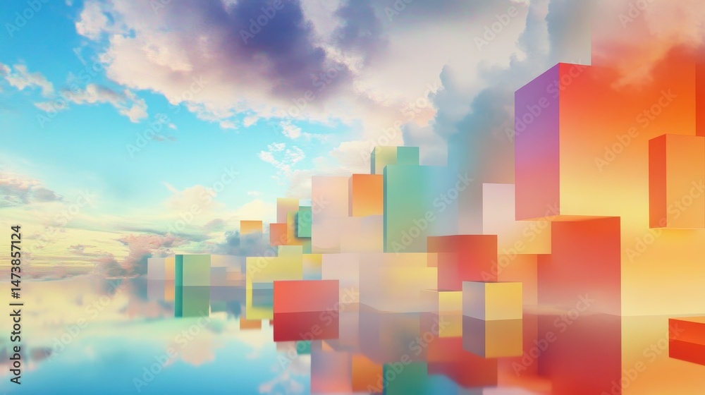 Fototapeta premium Pastel cubes reflect in calm water under a sky.