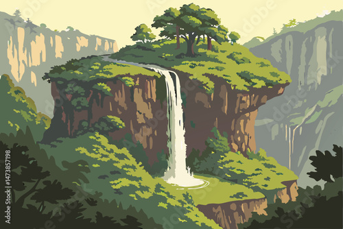 94 a floating island with a waterfall, lush green foliage, rocky cliffs, detailed fantasy landscape, vibrant colors, intricate details, highly realistic, cinematic lighting, 8K resolution