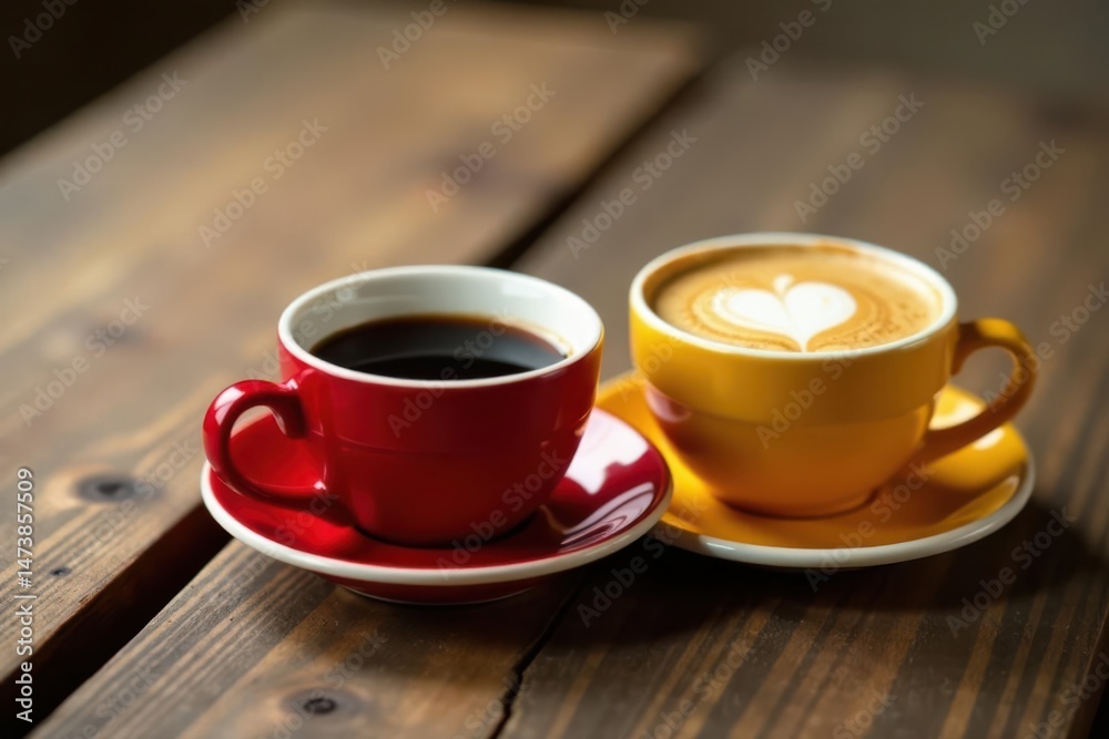 Obraz premium Two cups of coffee, one dark and one with latte art, rest on saucers on a wooden table.