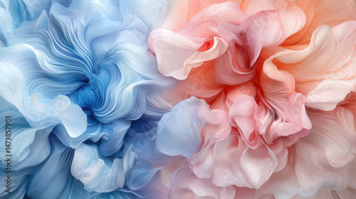 Realistic 4K 3D visuals showcase layered textures and mesmerizing side angles, blending soft blue and orange hues in an abstract, dreamlike background scene.