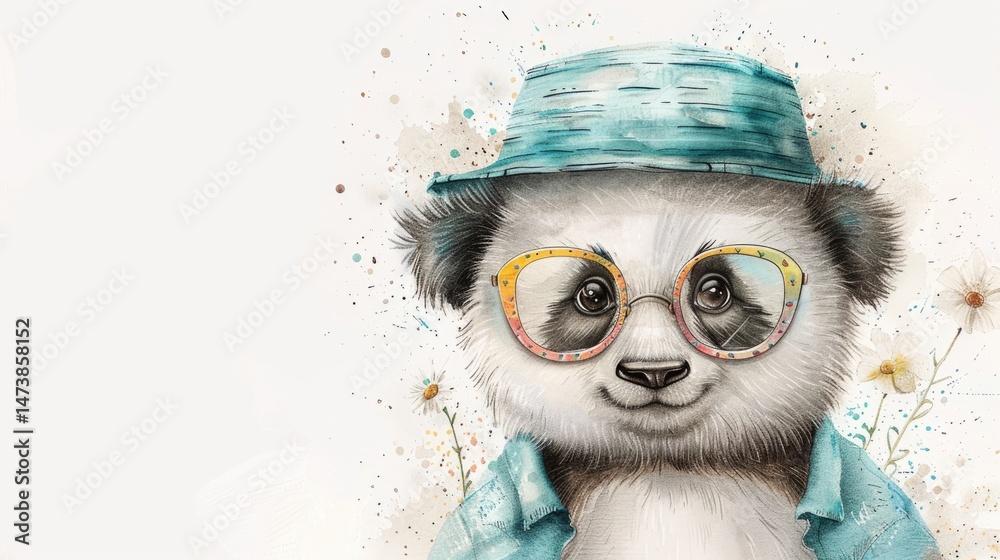 Fototapeta premium A fluffy panda in a turquoise hat with oversized glasses, surrounded by soft watercolor splashes on a white background.