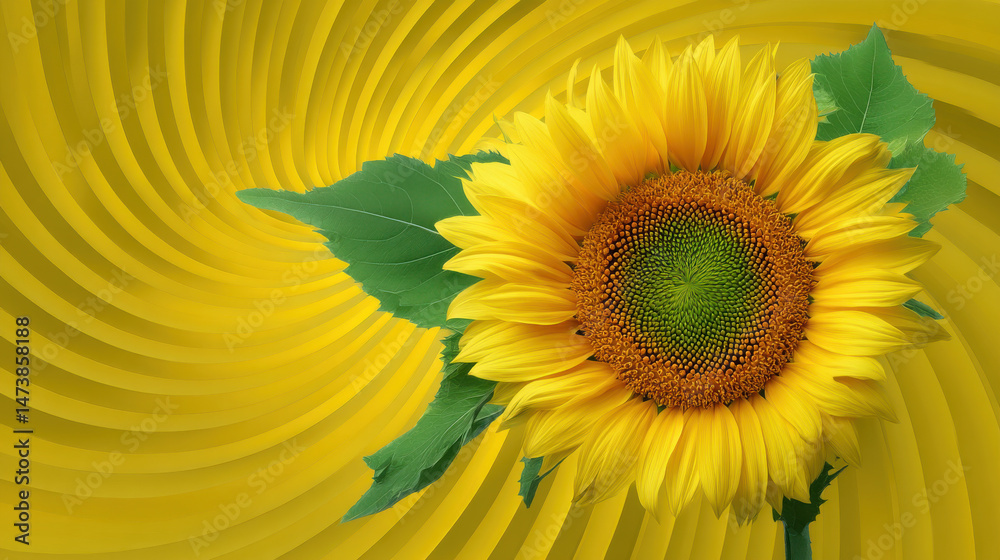 Fototapeta premium A vibrant sunflower with bright yellow petals and green leaves is set against a swirling abstract yellow background, creating a warm and inviting image effect.