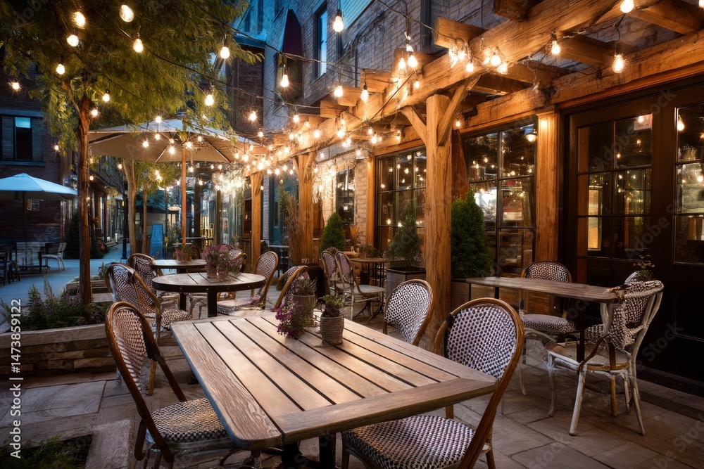 Fototapeta premium Cozy cafe patio with bistro tables and string lights.