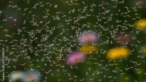 Swarms of midges in flight stand out against a floou background.