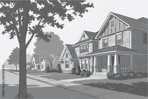 95 detailed 3d render, a suburban neighborhood of houses, trees, yards, and sidewalks, realistic lighting, high quality, detailed textures, intricate details, architectural style, photorealistic, mast