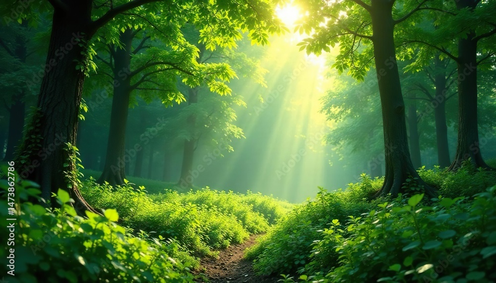 Obraz premium Lush green forest, sunlight dappling through leaves , foliage, flora