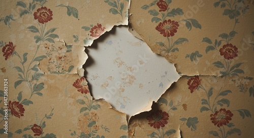 Damaged Floral Wallpaper with Hole Revealing Wall Beneath Background
