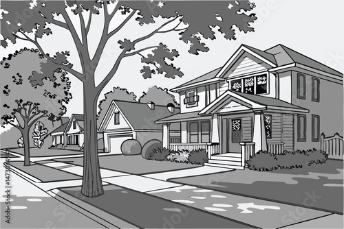 95 detailed 3d render, a suburban neighborhood of houses, trees, yards, and sidewalks, realistic lighting, high quality, detailed textures, intricate details, architectural style, photorealistic, mast