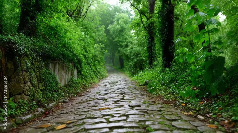 Cobblestone path through green forest with trees and plants in peaceful serene nature trail