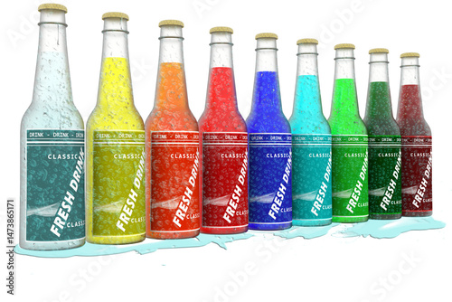 PNG. Trasparente. Bottiglie bibite rinfrescanti colorate su sfondo bianco.