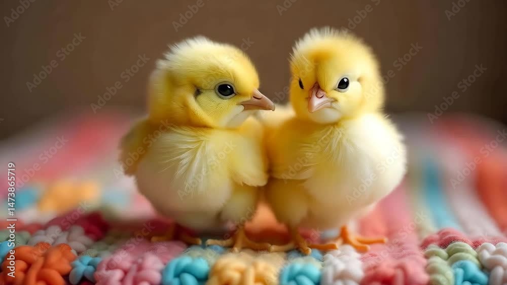 Two yellow chicks standing on a colorful knitted blanket, bird health or Easter concept Two yellow chicks standing on a colorful knitted blanket, bird health or Easter concept