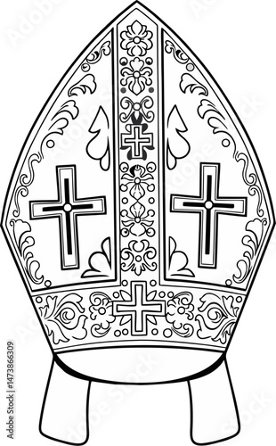 Catholic Bishop Mitre Line Art Illustration with Cross and Floral Ornaments – Black and White Religious Clergy Hat Vector